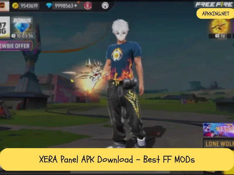 Xera Panel APK Free Fire MOD interface featuring a custom character skin with in-game stats.