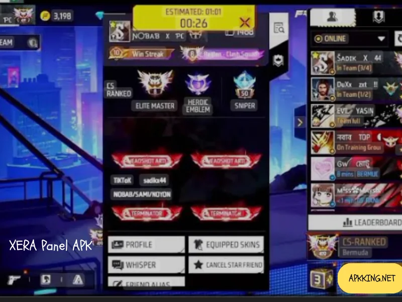 Xera Panel APK interface for Free Fire game showing player stats, ranks, and online friends