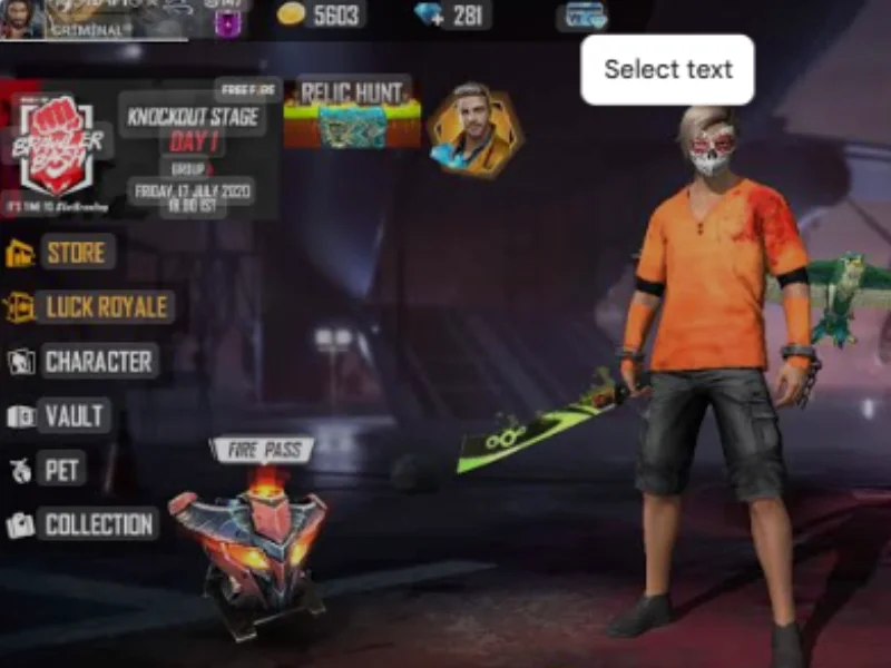 Classy FF panel game lobby showing a character with a mask, sword, and pet dragon in Free Fire interface.