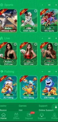 Td 777 App showing sections for sports betting, live casino games with female hosts, and animated fishing games.