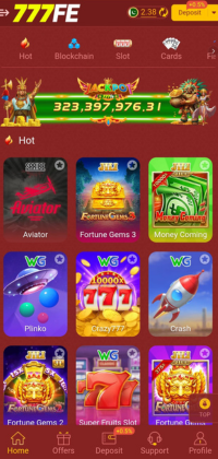 777FE Game App home screen showing jackpot amount and trending slot games