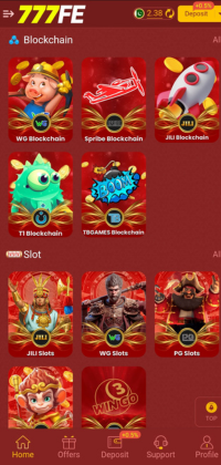 777FE Game App home screen showing jackpot amount and trending slot games