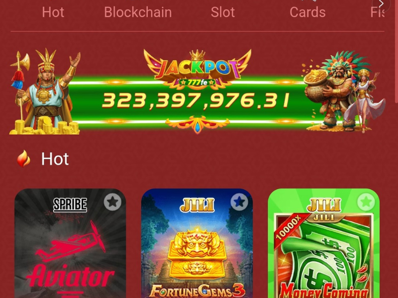 777FE Game App jackpot screen showing huge prize and popular game icons