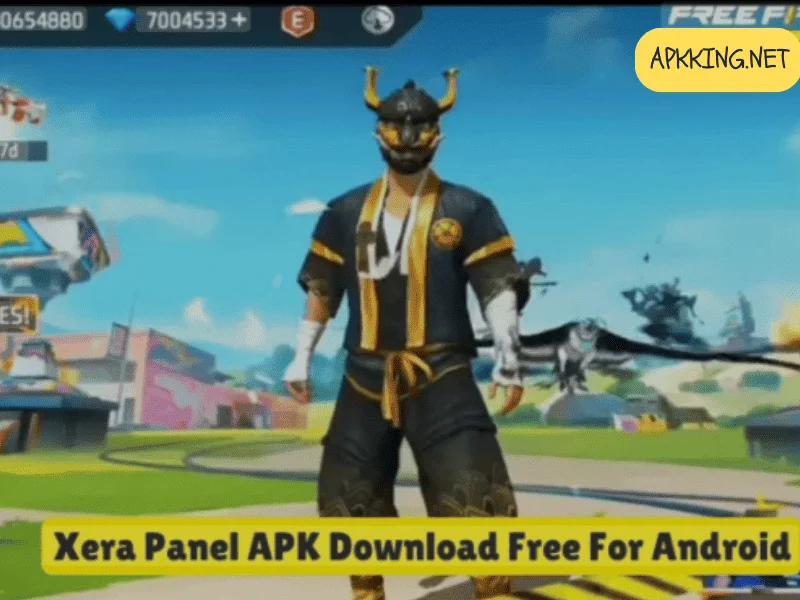 Xera Panel APK Free Fire MOD showing custom character in warrior outfit with full resources.