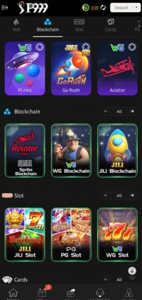P999 App Game interface showing blockchain games and slot games like WG Blockchain, JILI Slot, and PG Slot