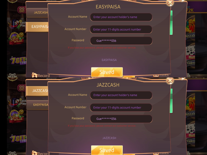 3 Patti World EasyPaisa and JazzCash account setup screen with fields for account name, number, and password.