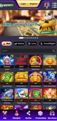 WINPKR 777 online casino interface showing slot games, live games, and promotional banner with panda mascot.