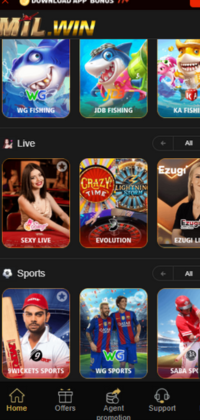 Mil Win Game app interface showing cash rewards, referral bonuses, and promotional events