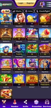 WINPKR 777 slot game selection screen featuring popular titles like Honey Pot, Zeus, Super Ace, and Mega Win.