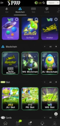 P999 App Game interface showing blockchain games and slot games like WG Blockchain, JILI Slot, and PG Slot.