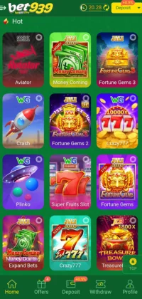 bet939 game slot options screen with various slot game providers like JILI, WG, PG, and more