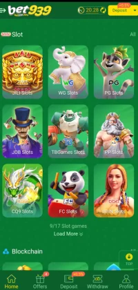 bet939 game slot options screen with various slot game providers like JILI, WG, PG, and more