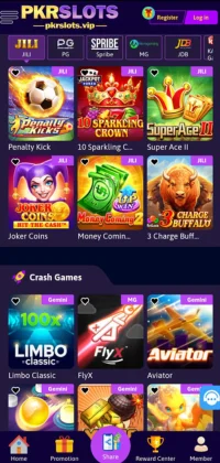 pkr slots game interface showing popular titles like Penalty Kick, 10 Sparkling Crown, and Super Ace