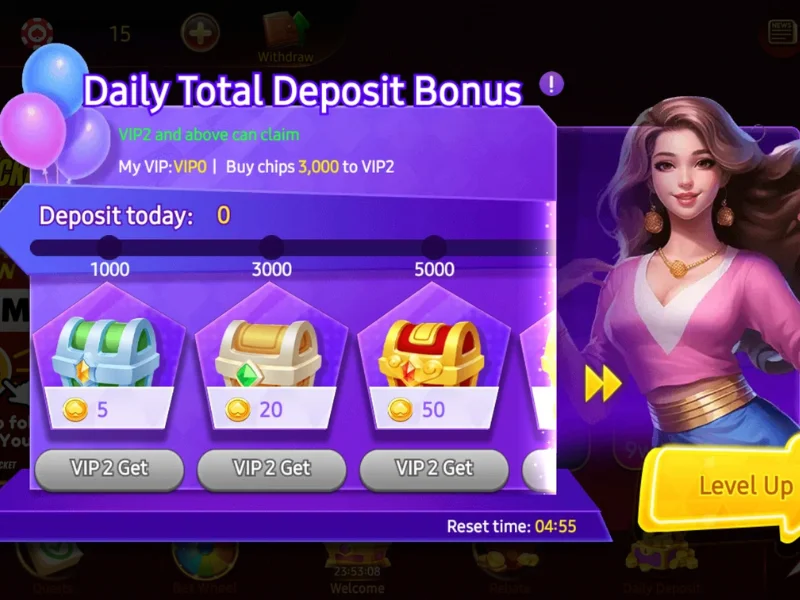 S9 Game App Daily Total Deposit Bonus screen showing VIP2 user rewards