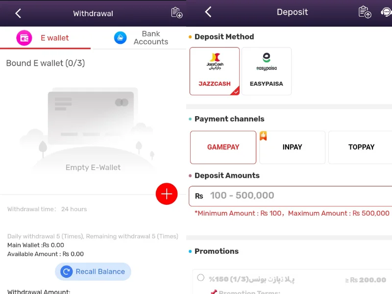 WINPKR 777 deposit and withdrawal screen showing JazzCash, Easypaisa, and wallet options for secure transactions.