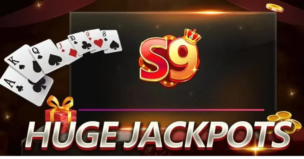 S9 Game App :Huge Jackpots with playing cards, gift box, and gold coins on a casino-themed background.