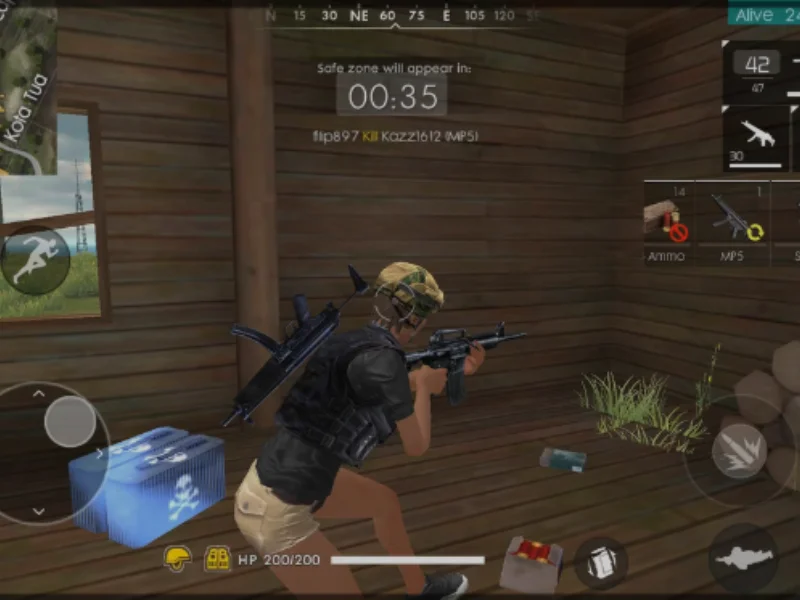 Classy FF Panel gameplay screenshot showing an armed character inside a wooden cabin in Free Fire, holding an assault rifle with loot items on the floor.