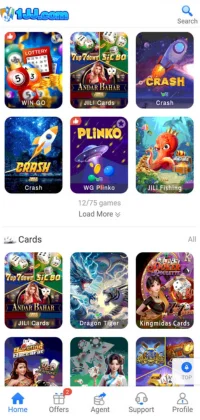 1jj Game app interface displaying a grid of popular card and casino games