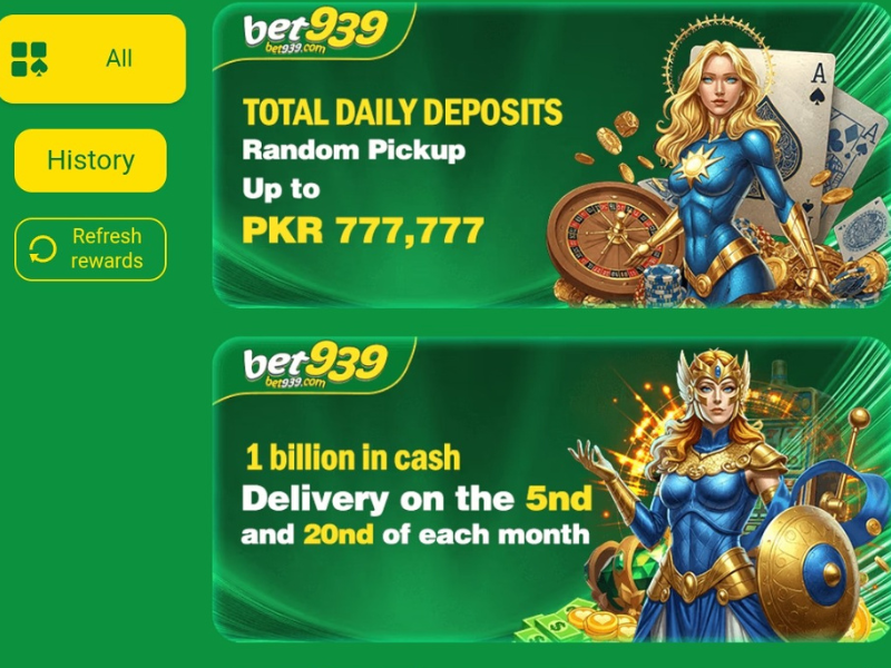 Bet939 Game promotional banner showcasing daily deposit rewards and monthly cash deliveries with female warrior characters.