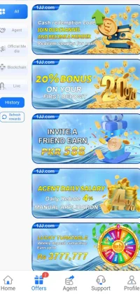 1jj game promotional offers screen with bonuses, referral rewards, and agent salary details.