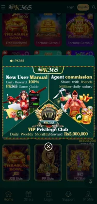 PK365 Game promotional banner highlighting new user rewards, agent commission, and VIP club benefits.