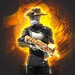 Classy FF panel character in stylish outfit holding a futuristic weapon with fiery background.