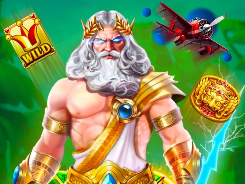Powerful Greek god-like character with glowing eyes, surrounded by slot game symbols