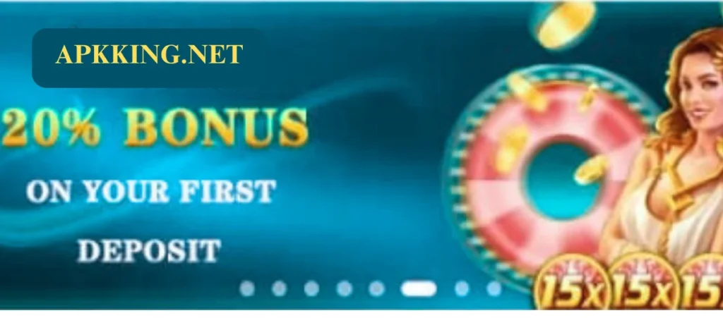 H786 Game 20% first deposit bonus banner with APKKING.NET branding and animated female character.