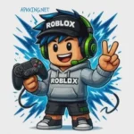 Roblox MOD APK gamer cartoon character holding a game controller and wearing a headset.