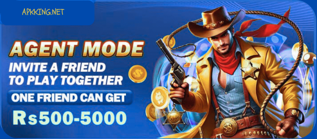777CX Game Agent Mode invite banner showing a cowboy character offering Rs500–5000 for referrals.