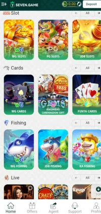 7 Game app game categories interface showing Slot, Card, and Fishing games with vibrant icons.