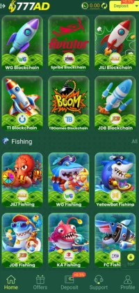 777AD Game categories showing blockchain rocket games and fishing-themed slot games with vivid graphics.