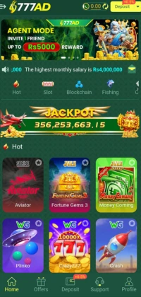 777AD Game home screen showcasing deposit option, referral rewards, jackpot, and trending casino games.