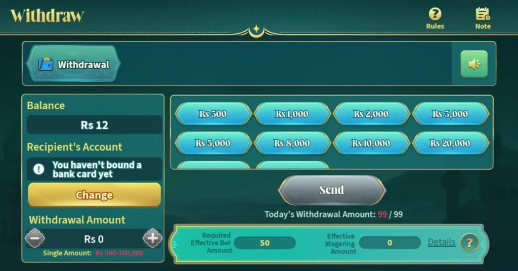 Halalspin game withdrawal screen showing balance, withdrawal options, and recipient account status.