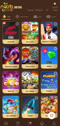Noob Win Game home screen showing popular casino games like Aviator, JILI Slots, and Dragon Tiger with colorful icons.