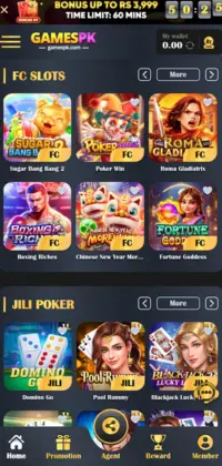 Games PK slot games screen showing JILI and PG slot titles like Clover Coins, Pirate Queen, and Dead Man's Riches.