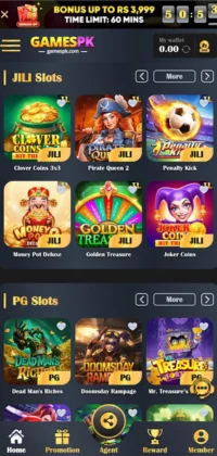 Games PK game screen featuring FC slots like Sugar Bang, Fortune Goddess, and JILI poker games like Domino GG and Blackjack.