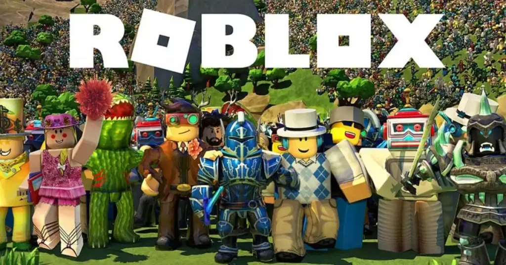 Roblox MOD APK characters lineup with a colorful crowd and landscape in the background.