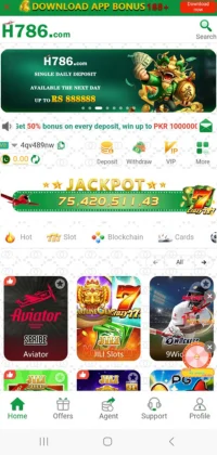 H786 Game homepage with jackpot display, daily bonuses, and game options