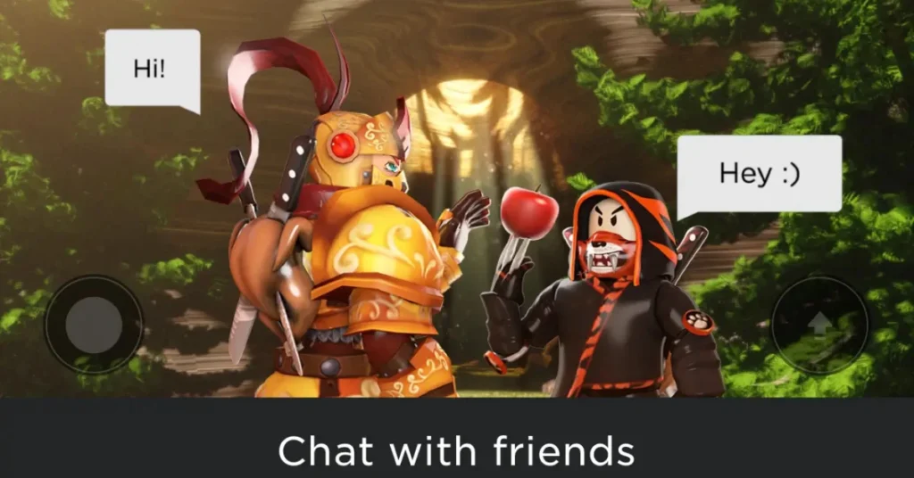Roblox MOD APK – Two animated characters chatting in a forest setting, one in golden armor and the other in a black and red ninja outfit.