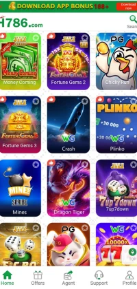 H786 Game app showing various casino games like Fortune Gems, Crash, and Plinko
