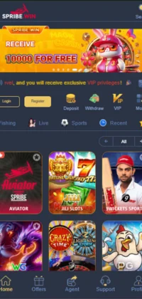 Spribe Win Game Download Free APK Latest Version V3.0.2 For Android 3 Spribe Win Game home screen featuring Aviator, JILI Slots, and sports betting with a 10,000 bonus banner.
