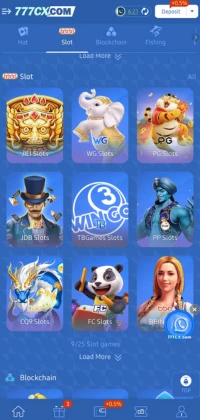 777CX Game slot games screen featuring various slot providers like JILI, WG, PG, and more.