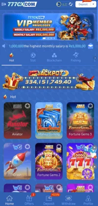 777CX Game App hot section showing Aviator, Money Coming, and Fortune Gems with jackpot banner.