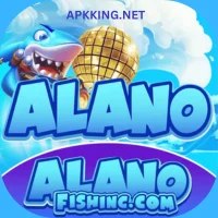 Alano Fishing Game vibrant logo with cartoon shark and golden disco ball.