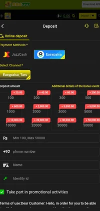 BBA777 Game deposit screen with Easypaisa and JazzCash payment options