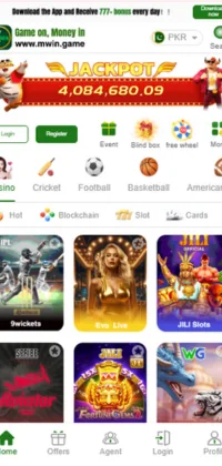 MWin Game home screen jahan jackpot aur sports betting categories dikh rahe hain
