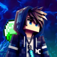 94 FBR Minecraft Game animated character in a pixel-style hoodie with glowing blue eyes and an emerald pixel orb.