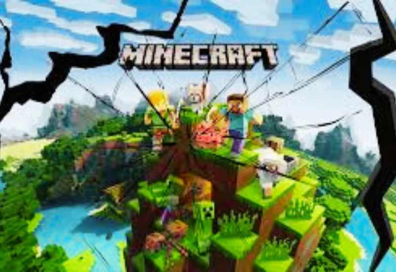 94 FBR Minecraft Game shattered effect with blocky characters on a floating island