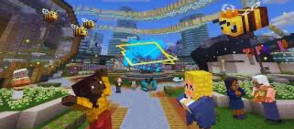 94 FBR Minecraft Game animated city scene with players, bees, and lights